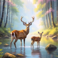 Forest Serenity with Deer in Gentle Morning Ligh