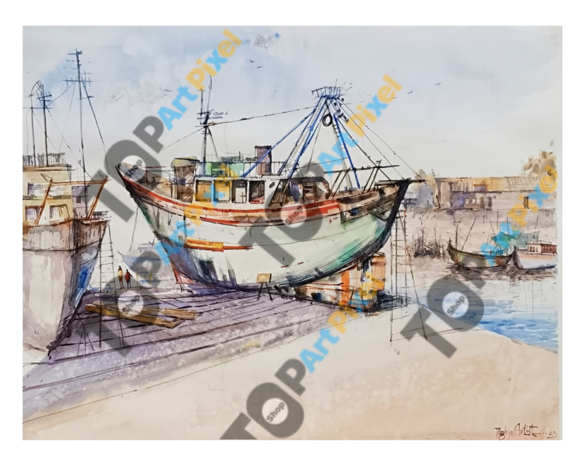 Boat watercolor landscape