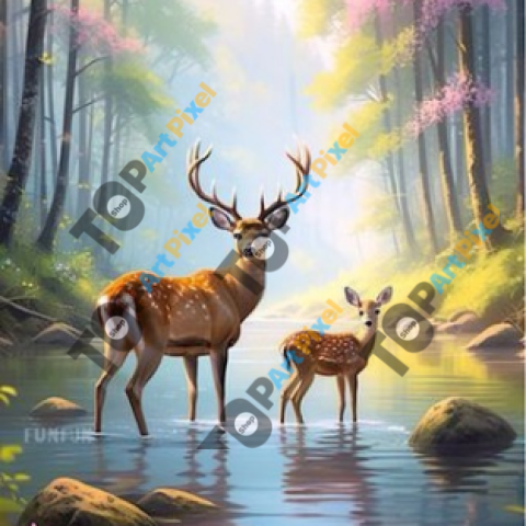 Forest Serenity with Deer in Gentle Morning Ligh