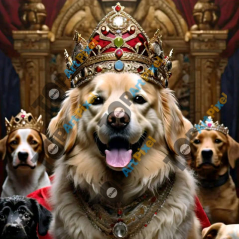 A group of dogs wearing crowns