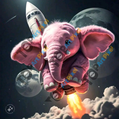 A pink elephant on a rocket